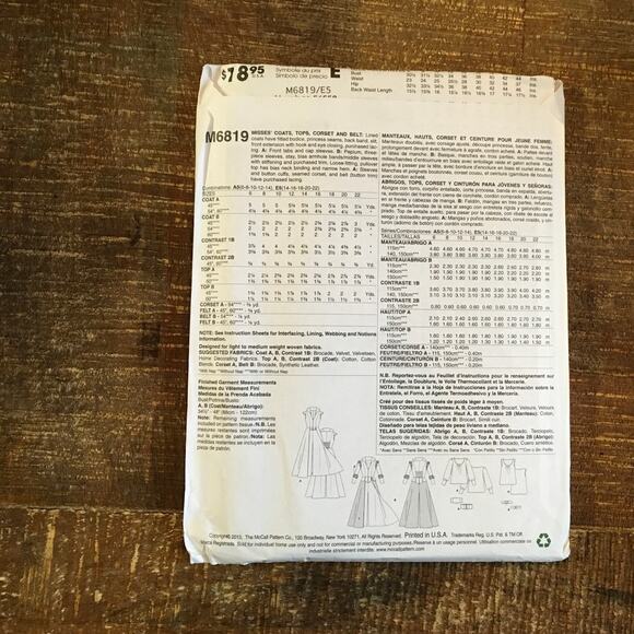 McCalls Sewing Pattern 6819 Snow White Costume Coat Corset Belt 14-22 UNCUT OUAT - Picture 2 of 3